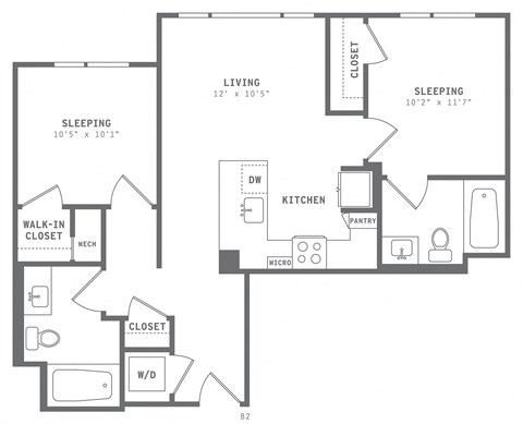 Floor plan for 2 beds, 2 baths, 831 sqft